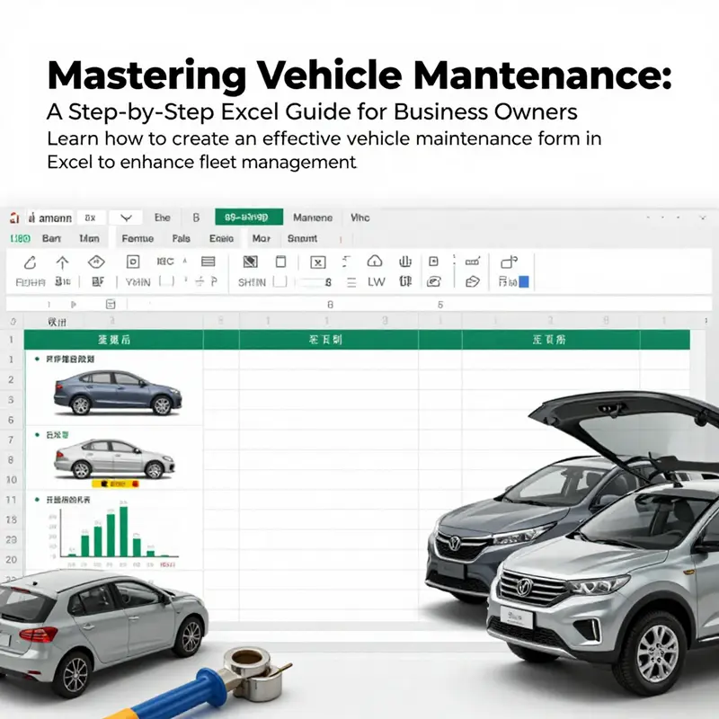 An organized Excel vehicle maintenance form visually represented with relevant icons and graphs.