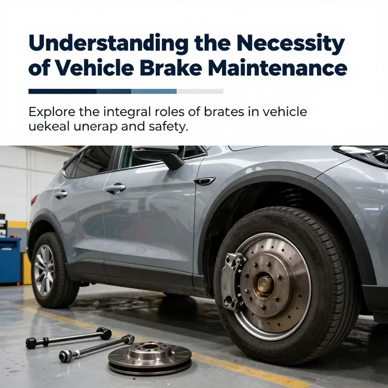 A car in a garage with brake parts and tools in the foreground, illustrating routine vehicle maintenance.