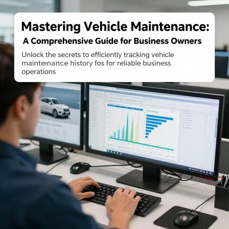 A business owner reviewing various reports and graphs related to vehicle maintenance.