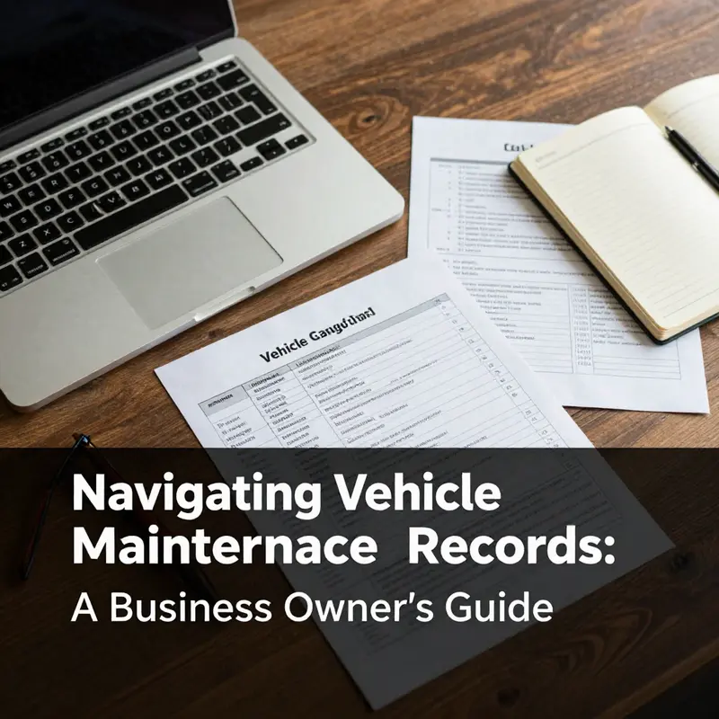 A well-arranged workspace with vehicle maintenance documents and a laptop, symbolizing effective vehicle management.