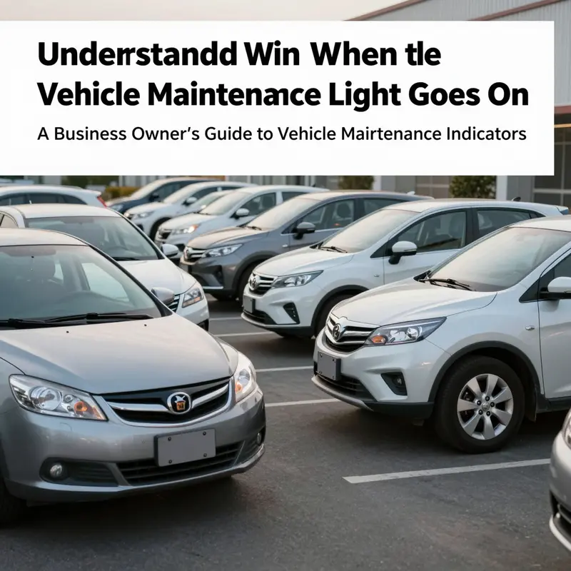 A lineup of business vehicles in a parking area, showcasing a vehicle with an illuminated maintenance light on its dashboard.