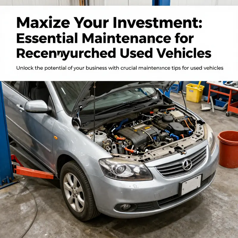 An image depicting a used vehicle undergoing maintenance with various tools and equipment in the background.
