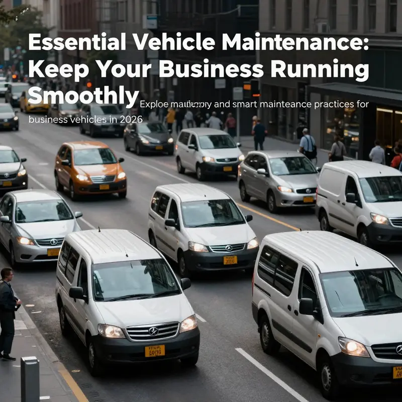 A scene of various business vehicles on a busy urban street, symbolizing the importance of vehicle maintenance.