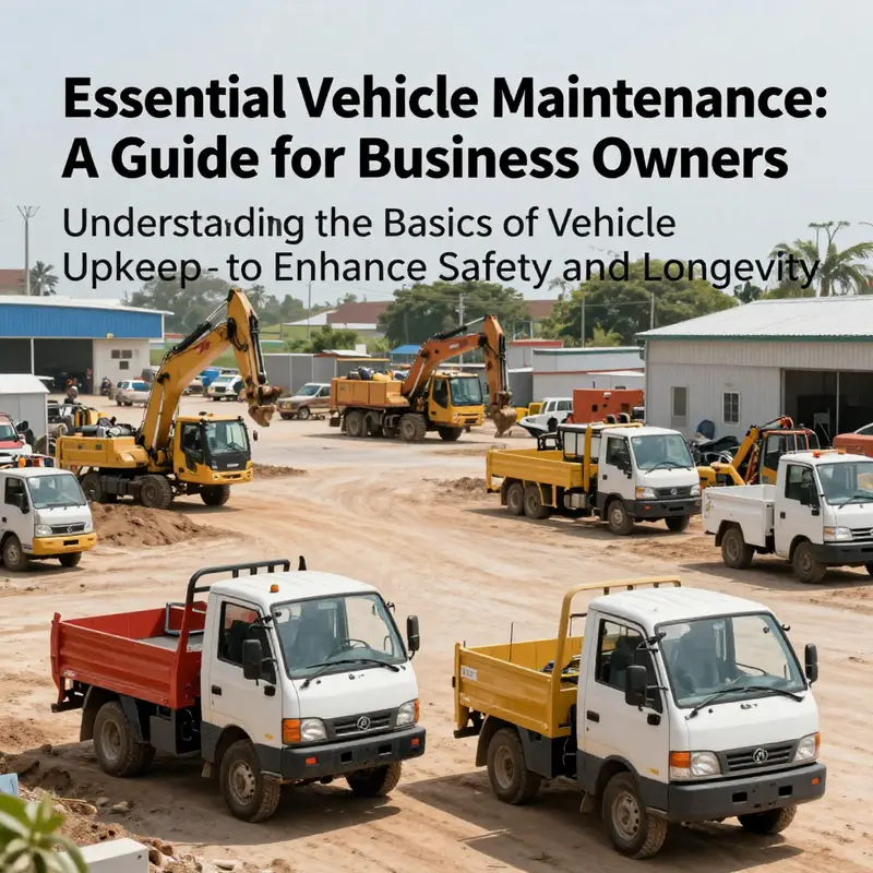 A variety of utility vehicles parked at a construction site, demonstrating the importance of routine maintenance for operational efficiency.