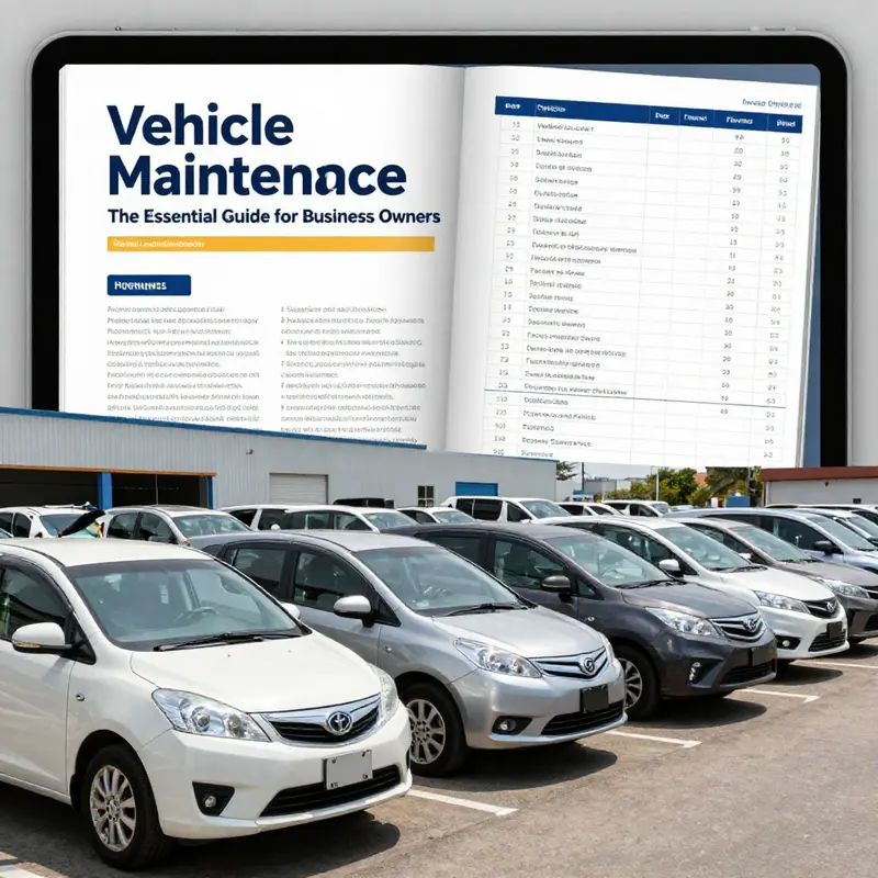 A fleet of vehicles with a digital PDF manual showcasing vehicle maintenance best practices.