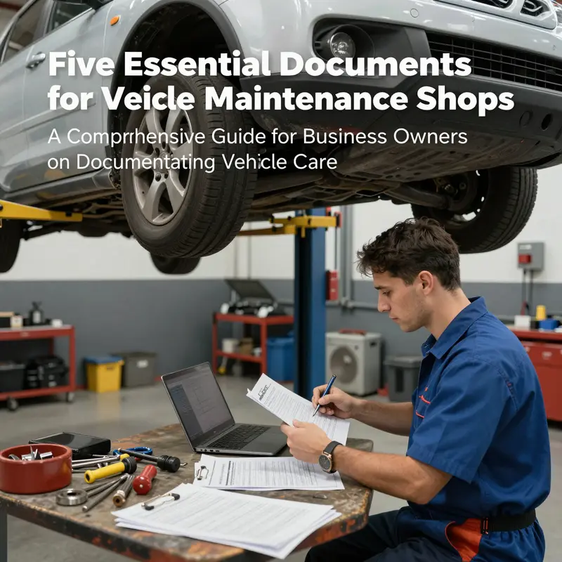 A technician servicing a vehicle in a modern maintenance shop with tools and documents visible.
