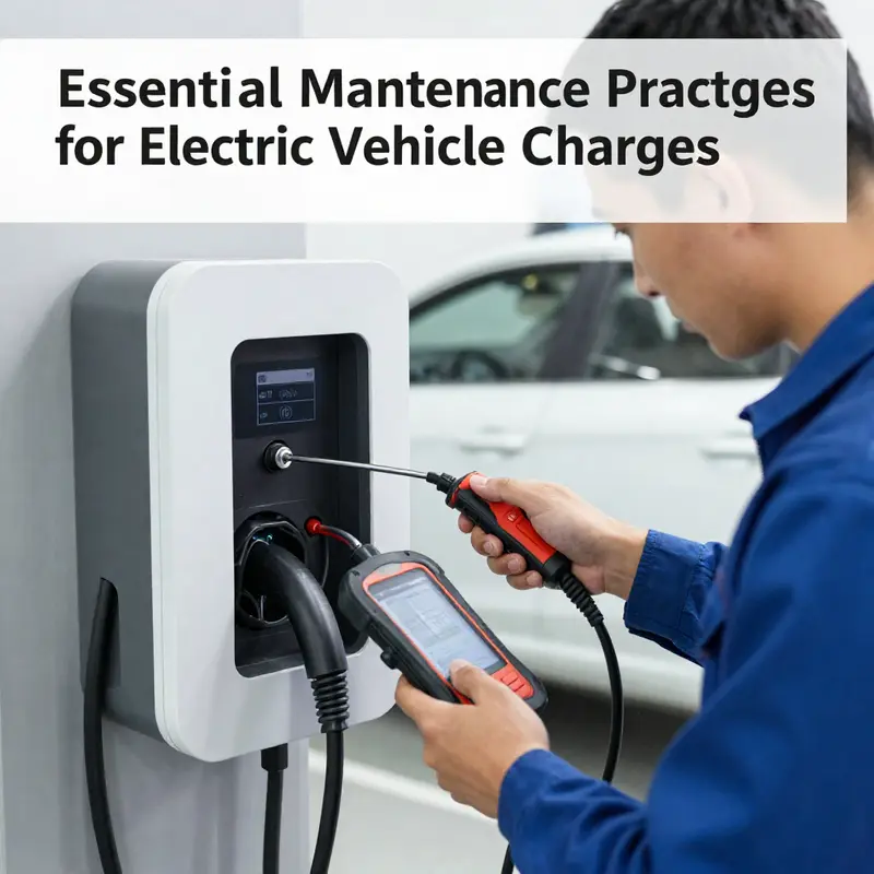 A technician regularly maintains an electric vehicle charger by cleaning its cooling fins to prevent overheating issues.