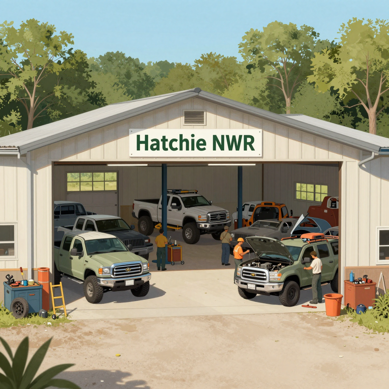 Illustration of the Hatchie NWR vehicle maintenance shop
