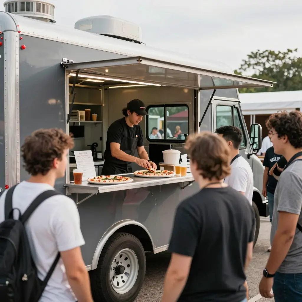 A vibrant pizza truck serving food at an event, showcasing a unique dining experience