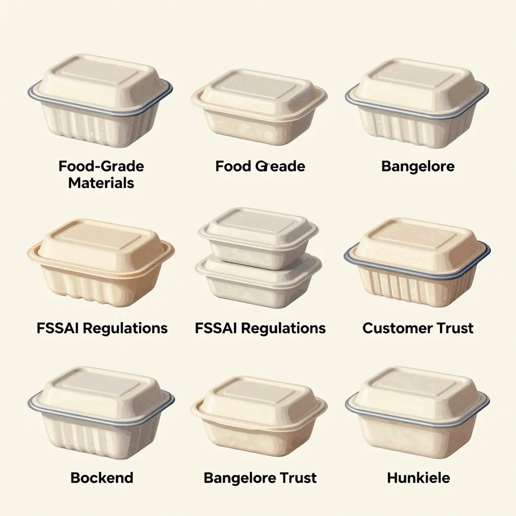 A graphic illustration showing various types of disposable food containers suitable for food and beverage industry, emphasizing safety standards and regulations relevant to Bangalore's market. Include labels like 'Food-Grade Materials', 'FSSAI Regulations', and 'Customer Trust'.