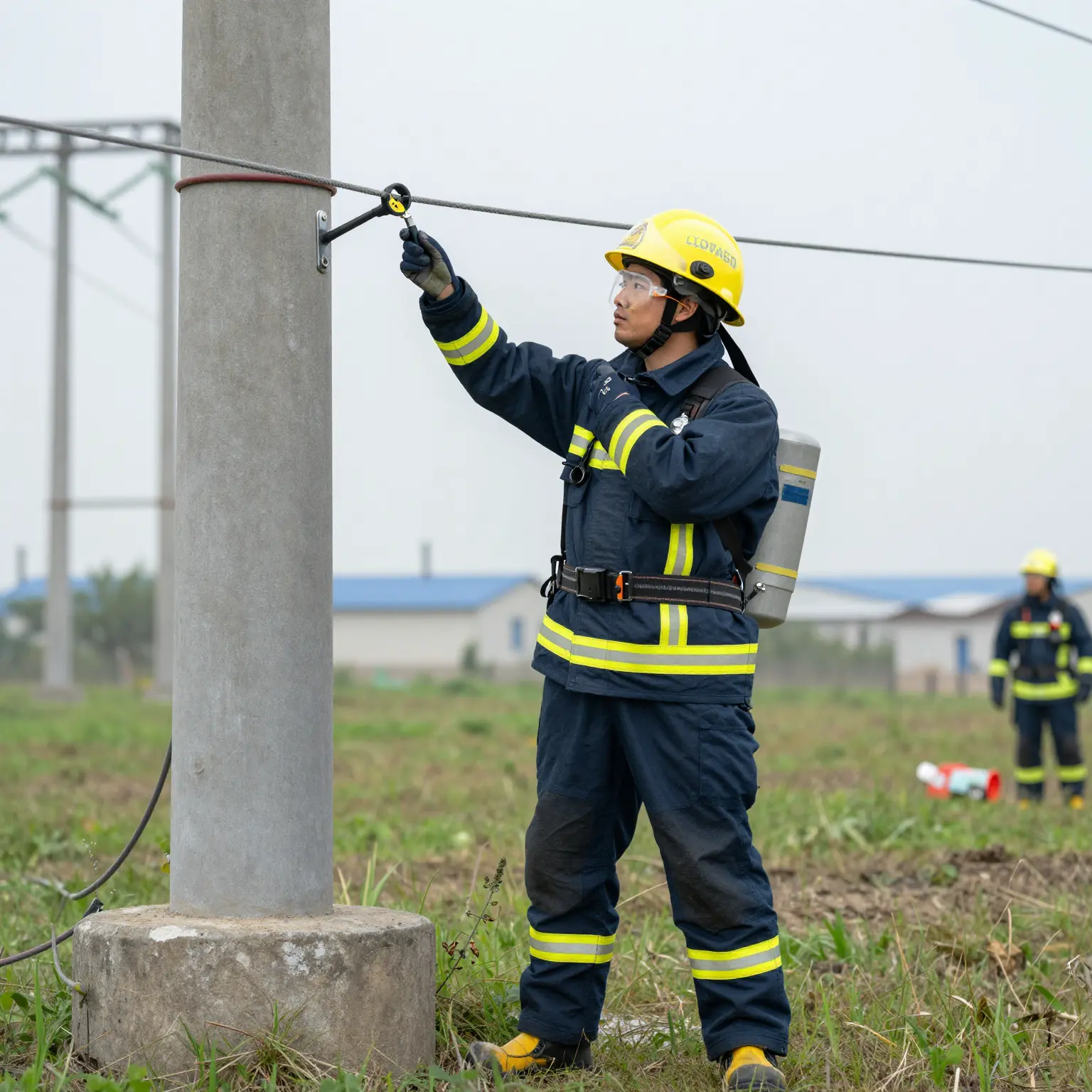 Fire Safety Expert Demonstrating High Voltage Line Safety Training