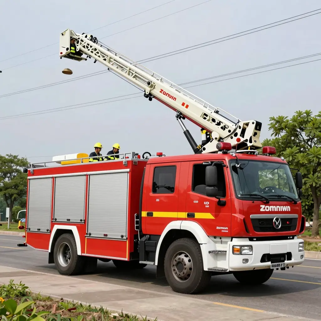 Firefighters using a Zoomlion aerial fire truck near high voltage power lines