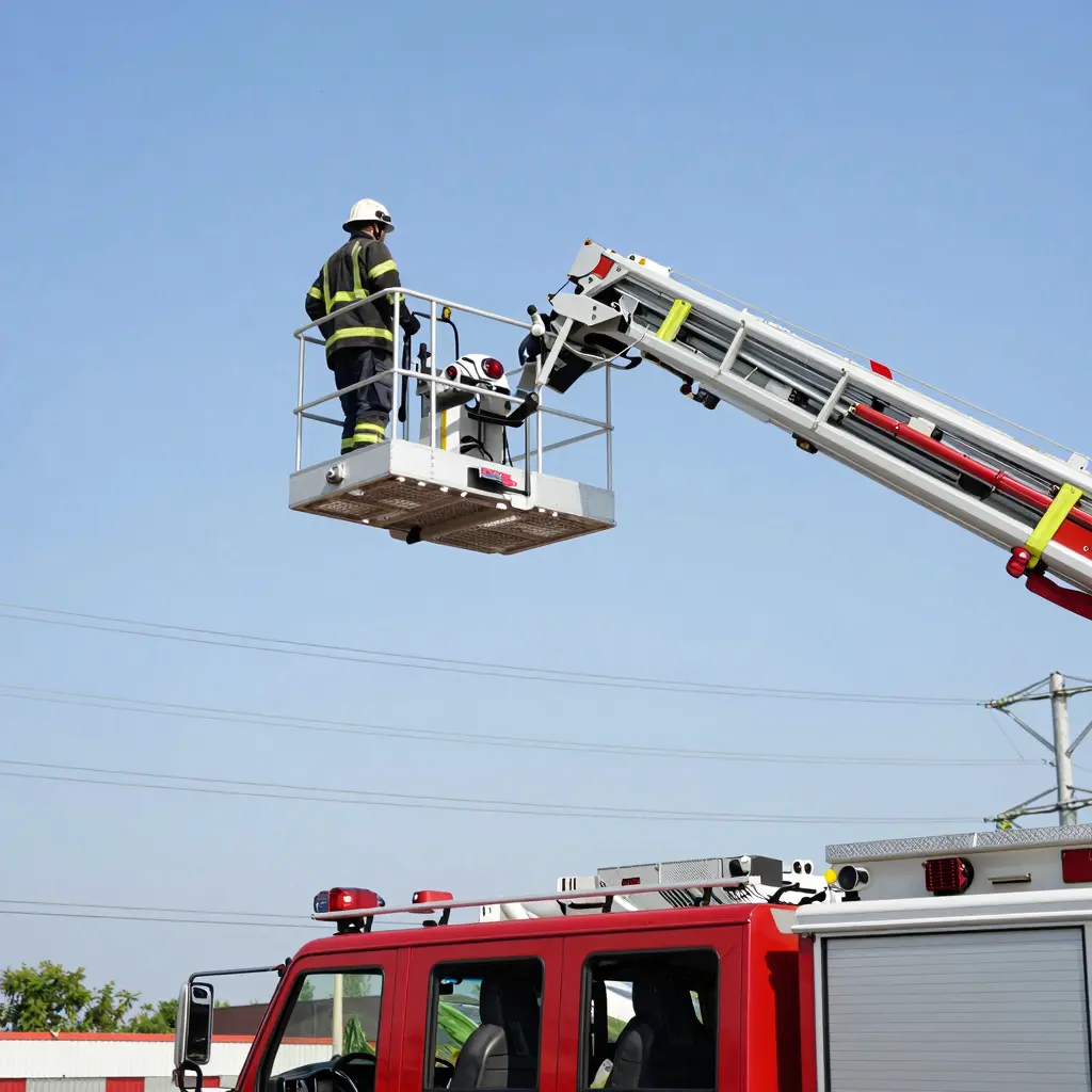 Fire Truck Aerial Platform Near High Voltage Lines